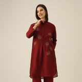 Women Maroon Chanderi Silk Pleated Tunic | Hand-Embroidered Lotus Motif