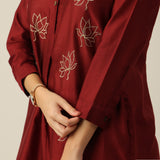 Women Maroon Chanderi Silk Pleated Tunic | Hand-Embroidered Lotus Motif