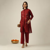 Women Maroon Chanderi Silk Long Tunic with Lotus Hand Embroidery & Pants Co-ord set