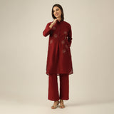 Women Maroon Chanderi Silk Long Tunic with Lotus Hand Embroidery & Pants Co-ord set