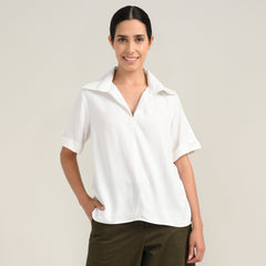 Betsy V-Neck Extended Collar Top - Ecru