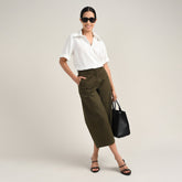 Betsy Set Of 2 - Extended Collar Top & Wide-Leg Cropped Chinos - Ecru & Olive Green