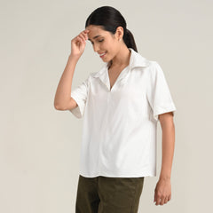 Betsy V-Neck Extended Collar Top - Ecru