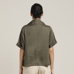 Betsy Set Of 2 - Extended Collar Top & Wide-Leg Cropped Chinos - Olive Green & Beige