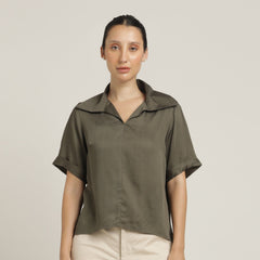Betsy Set Of 2 - Extended Collar Top & Wide-Leg Cropped Chinos - Olive Green & Beige