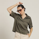 Betsy V-Neck Extended Collar Top - Olive Green