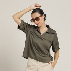Betsy V-Neck Extended Collar Top - Olive Green