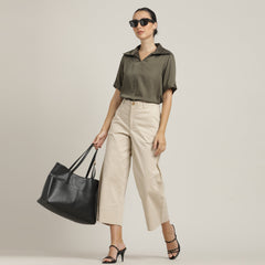 Betsy Set Of 2 - Extended Collar Top & Wide-Leg Cropped Chinos - Olive Green & Beige