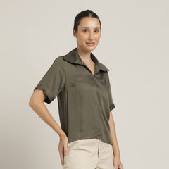 Betsy V-Neck Extended Collar Top - Olive Green
