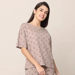 Oversized Pajama Top - Taupe With All Over Pine Tree Print
