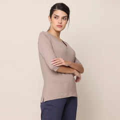 V-Neck Long Sleeve Tee - Taupe