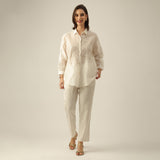 Women Pearl White Chanderi Silk Oversized Shirt with Lotu Hand Embroidery & Tapered Pants Co-ord Set