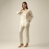 Women Pearl White Chanderi Silk Oversized Shirt with Lotu Hand Embroidery & Tapered Pants Co-ord Set
