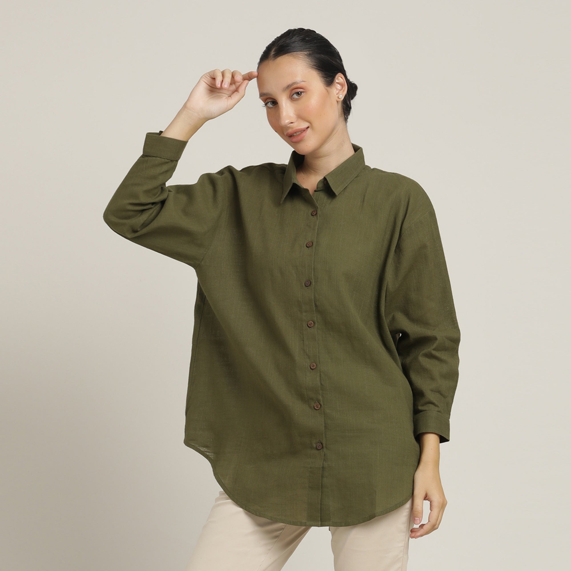 Saltpetre Women's Olive Green Oversized Organic Shirt Saltpetre Women's Olive Green Oversized Organic Shirt