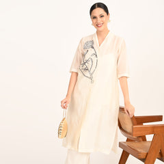 Dakota Long Shirt Jacket With Hand Embroidered Motif - Limited Edition - Pearl White Chanderi Silk