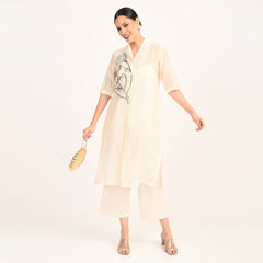 Dakota Long Shirt Jacket With Hand Embroidered Motif - Limited Edition - Pearl White Chanderi Silk