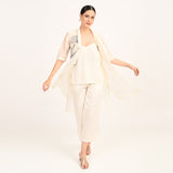Dakota Set of 3 - Long Shirt, Inner & Pants With Hand Embroidered Motif - Limited Edition - Pearl White Chanderi Silk