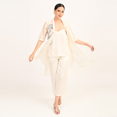 Dakota Long Shirt Jacket With Hand Embroidered Motif - Limited Edition - Pearl White Chanderi Silk