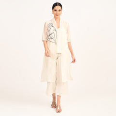 Dakota Set of 3 - Long Shirt, Inner & Pants With Hand Embroidered Motif - Limited Edition - Pearl White Chanderi Silk