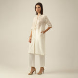 Women Pearl White Chanderi Silk Overlay | Hand-Embroidered Lotus Motif