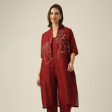 Women Maroon Chanderi Silk Overlay | Hand-Embroidered Lotus Motif