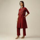Women Maroon Chanderi Silk Overlay | Hand-Embroidered Lotus Motif