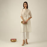 Women Pearl White Chanderi Silk Long Shirt with Lotus Hand Embroidery & Pants Co-ord set