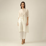 Women Pearl White Chanderi Silk Long Shirt with Lotus Hand Embroidery & Pants Co-ord set