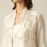 Women Pearl White Chanderi Silk Dakota set of 3 with Hand-Embroidered Lotus Motif