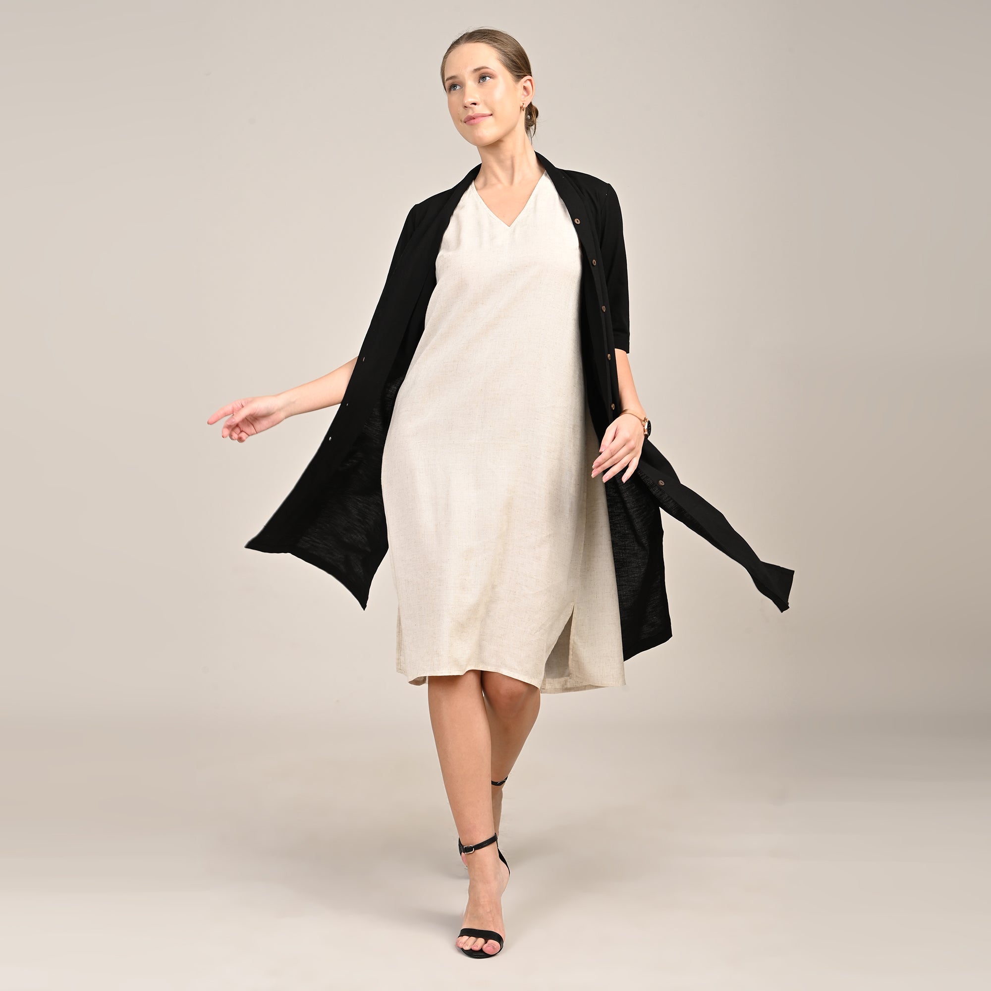 Saltpetre Women 2 Piece Jacket Dress Set In Black & Beige For Formal Or Casual Wear