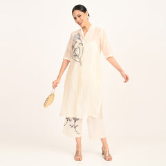 Dakota Co-ord Set With Hand Embroidered Motif - Limited Edition - Pearl White Chanderi Silk