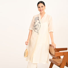 Dakota Co-ord Set With Hand Embroidered Motif - Limited Edition - Pearl White Chanderi Silk