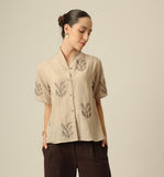 Klara Shawl Collar Top - Greige With Embroidery