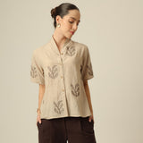Klara Shawl Collar Top - Greige With Embroidery