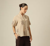 Klara Shawl Collar Top - Greige With Embroidery