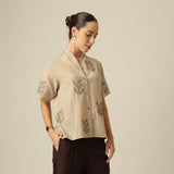 Klara Shawl Collar Top - Greige With Embroidery