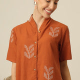 Klara Shawl Collar Top - Orange With Embroidery