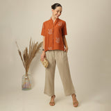 Klara Set Of 2 - Shawl Collar Top & Barrel Leg Pants - Orange & Greige With Embroidery
