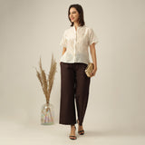 Women Pearl White Chanderi Silk Wrap Collar Top with Lotus Hand Embroidery & Pants Co-ord Set