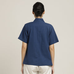 Klara Set Of 2 - Shawl Collar Top & Barrel Leg Pants - Navy Blue & Ecru