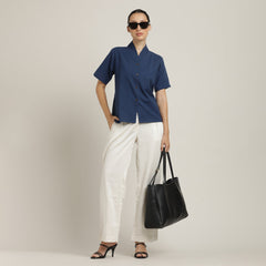 Klara Set Of 2 - Shawl Collar Top & Barrel Leg Pants - Navy Blue & Ecru