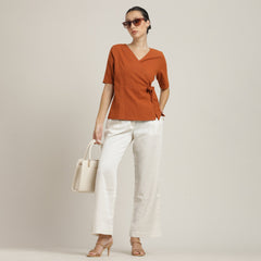 Evelyn Set Of 2 - Wrap Top & Barrel Leg Pants - Autumn Rust & Ecru
