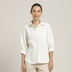 Flora Set Of 2 - Puff Sleeves Top & Wide-Leg Cropped Chinos - Ecru & Beige