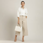 Flora Set Of 2 - Puff Sleeves Top & Wide-Leg Cropped Chinos - Ecru & Beige