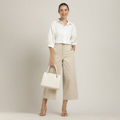 Flora Set Of 2 - Puff Sleeves Top & Wide-Leg Cropped Chinos - Ecru & Beige