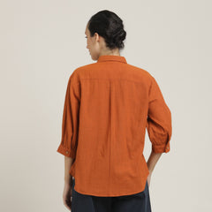 Flora Set Of 2 - Puff Sleeves Top & Wide-Leg Cropped Chinos - Autumn Rust & Navy Blue