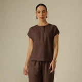 Alice Half Placket Top - Coffee Brown