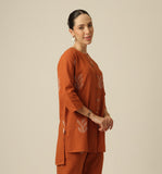 Nyla Long Line Shirt - Orange With Embroidery