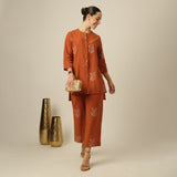 Nyla Co-Ord Set Of 2 - Long Line Shirt & Pants - Orange With Embroidery