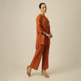 Nyla Co-Ord Set Of 2 - Long Line Shirt & Pants - Orange With Embroidery